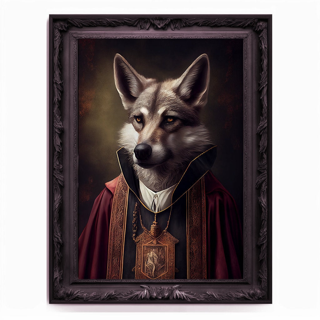 Wolf Priest, Ritual Wolf Portrait, Religious Poster, Animal Painting, Altered Art, Christian Wolf, Regal Vintage Art, Unique Prints, God Art