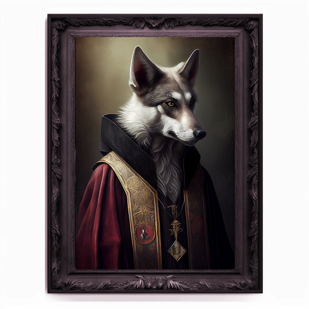 Wolf Priest, Ritual Wolf Portrait, Religious Poster, Animal Painting, Altered Art, Christian Wolf, Regal Vintage Art, Unique Prints, God Art