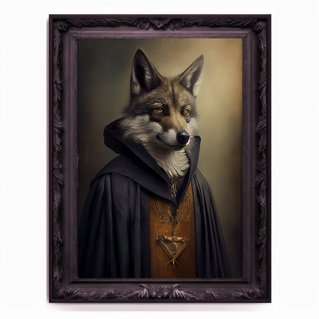 Wolf Priest, Ritual Wolf Portrait, Religious Poster, Animal Painting, Altered Art, Christian Wolf, Regal Vintage Art, Unique Prints, God Art