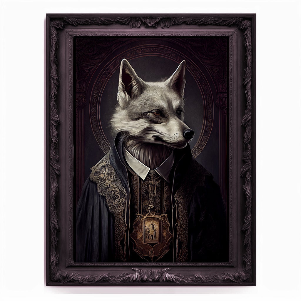 Wolf Priest, Ritual Wolf Portrait, Religious Poster, Animal Painting, Altered Art, Christian Wolf, Regal Vintage Art, Unique Prints, God Art