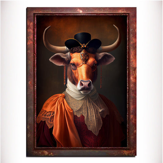 Orange Bull Wall Art Print, Animal Lover Vintage Regal Art Poster. Victorian Bull Bar Portrait Royal Painting Tango Orange Art Pet Gift - Wall Art Poster Print