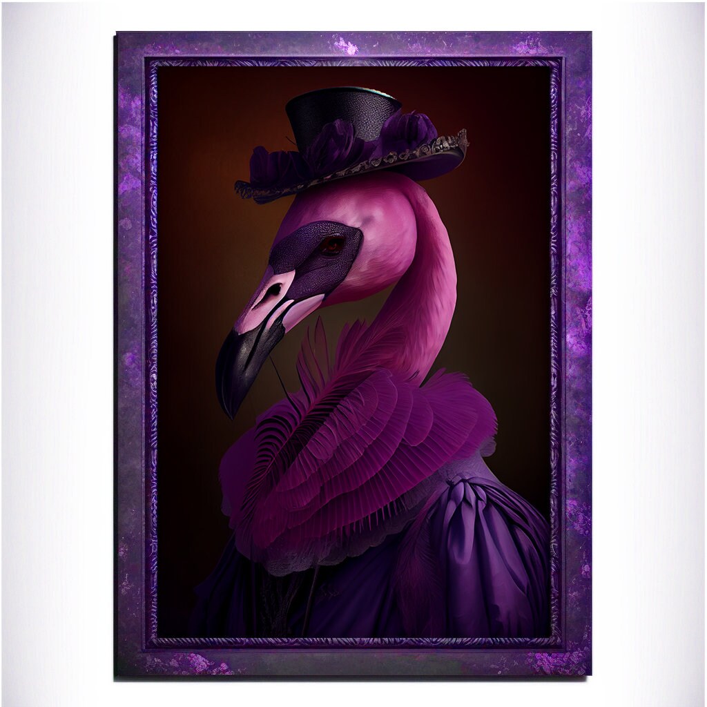 Purple Flamingo Wall Art Print, Animal Lover Vintage Regal Flamingo Art Poster Renaissance. Victorian Flamingo Portrait, Royal Painting Gift - Wall Art Poster Print