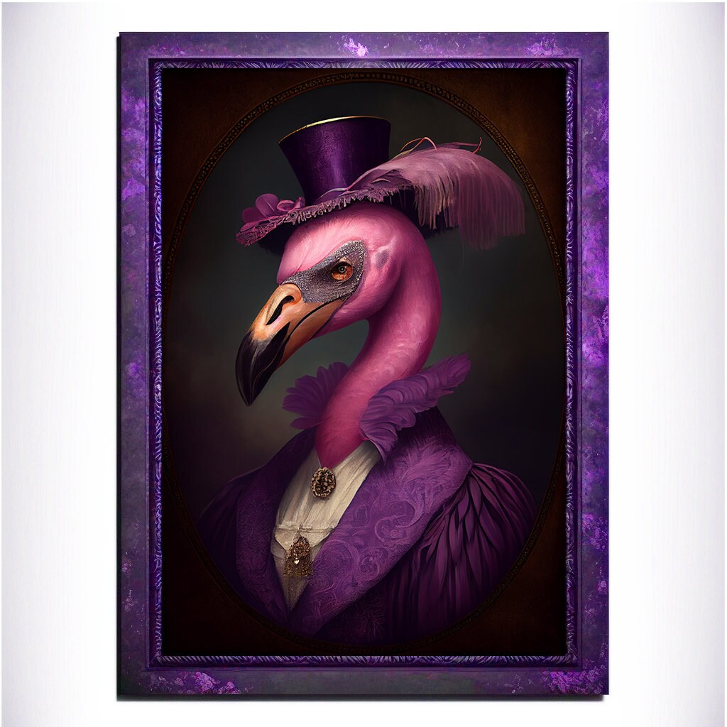 Purple Flamingo Wall Art Print, Animal Lover Vintage Regal Flamingo Art Poster Renaissance. Victorian Flamingo Portrait, Royal Painting Gift - Wall Art Poster Print