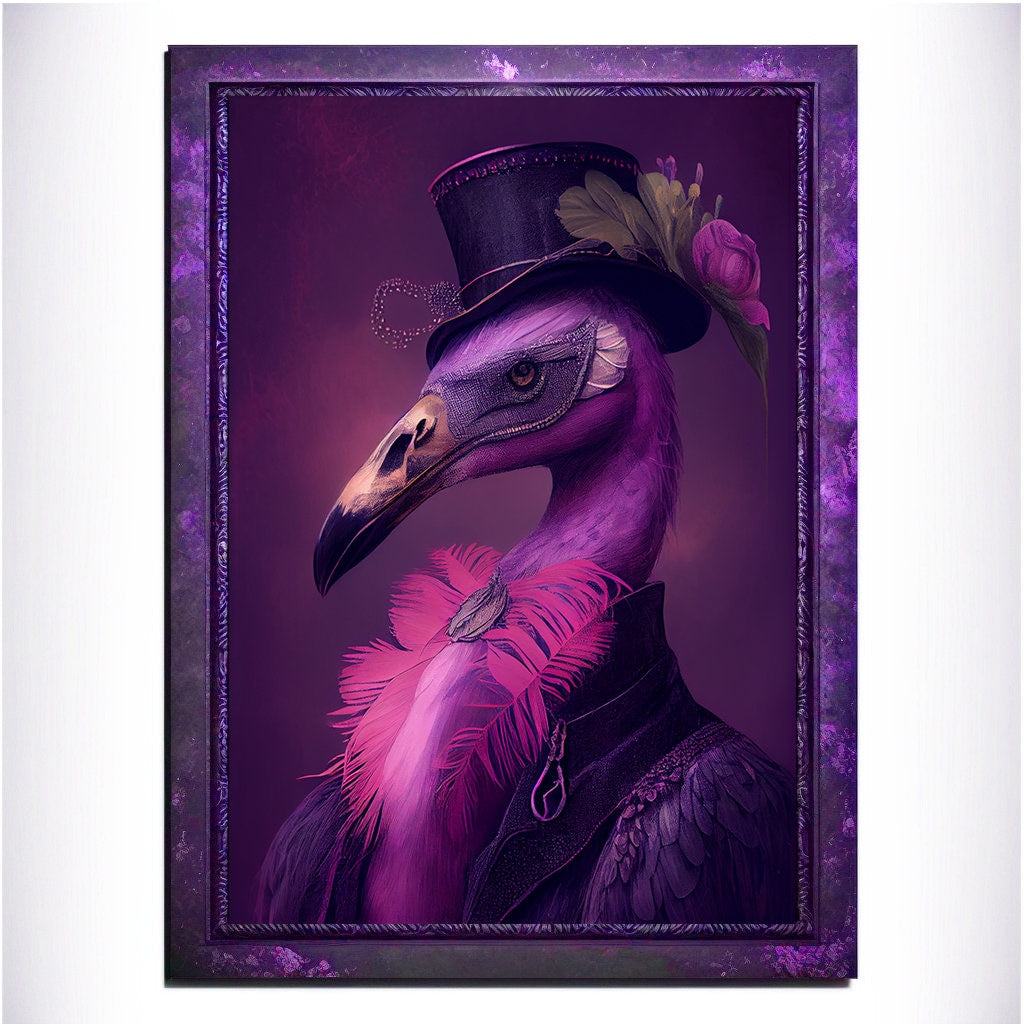 Purple Flamingo Wall Art Print, Animal Lover Vintage Regal Flamingo Art Poster Renaissance. Victorian Flamingo Portrait, Royal Painting Gift - Wall Art Poster Print