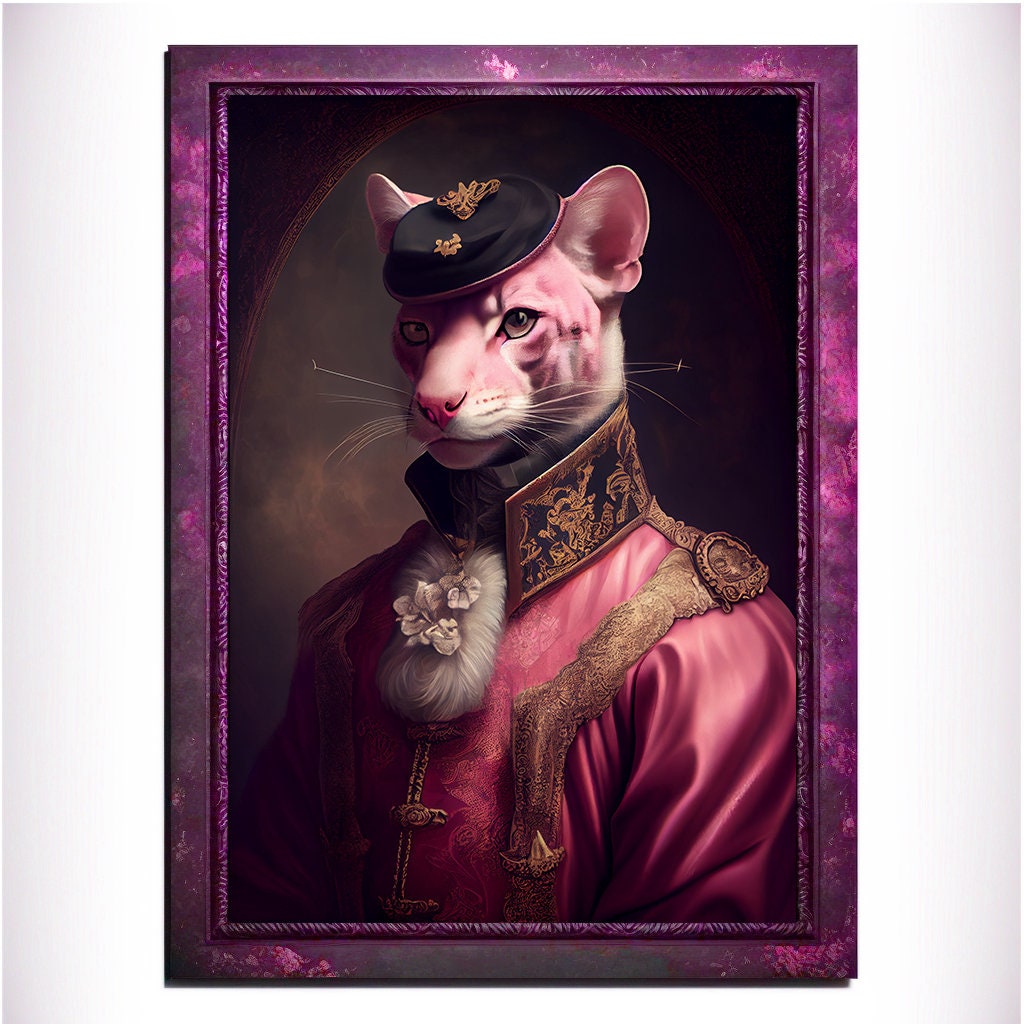 Pink Panther Wall Art Print, Pink Animal Lover Vintage Regal Art Poster. Victorian Pink Cat Portrait Royal Painting, Puma Pet Gift, Big Cat - Wall Art Poster Print