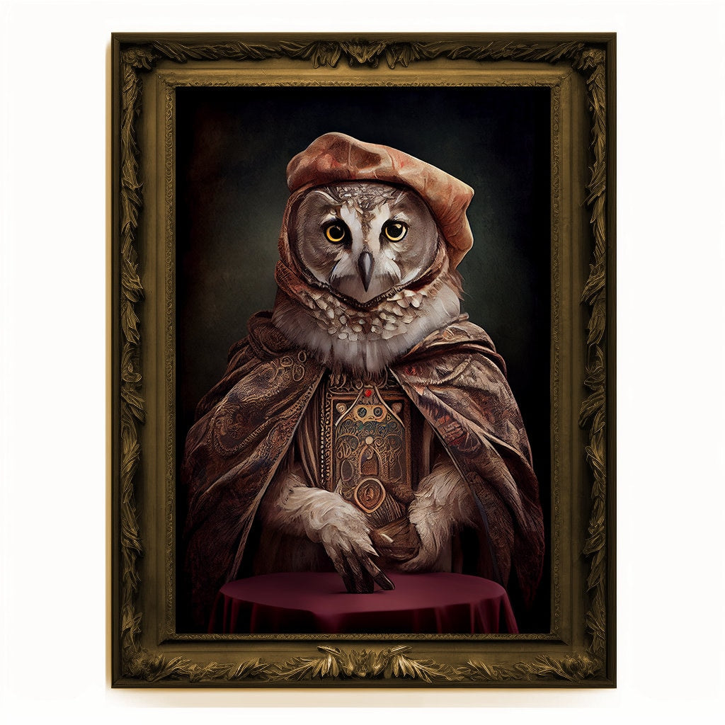Prophet Owl, Fortune Teller Owl Portrait, Owl Poster, Animal Painting, Altered Art, Magic Owl, Regal Vintage Art, Unique Prints, Wizard Gift