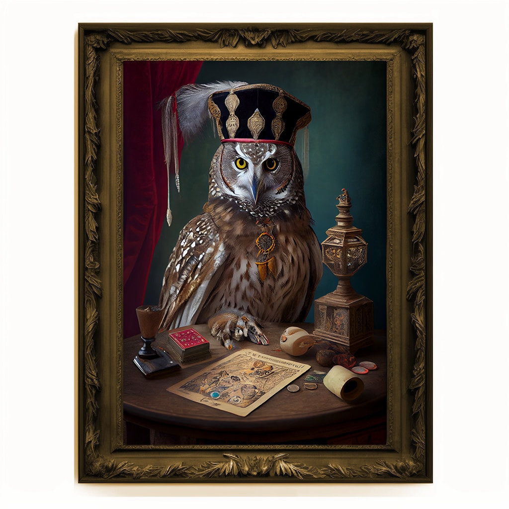 Prophet Owl, Fortune Teller Owl Portrait, Owl Poster, Animal Painting, Altered Art, Magic Owl, Regal Vintage Art, Unique Prints, Wizard Gift