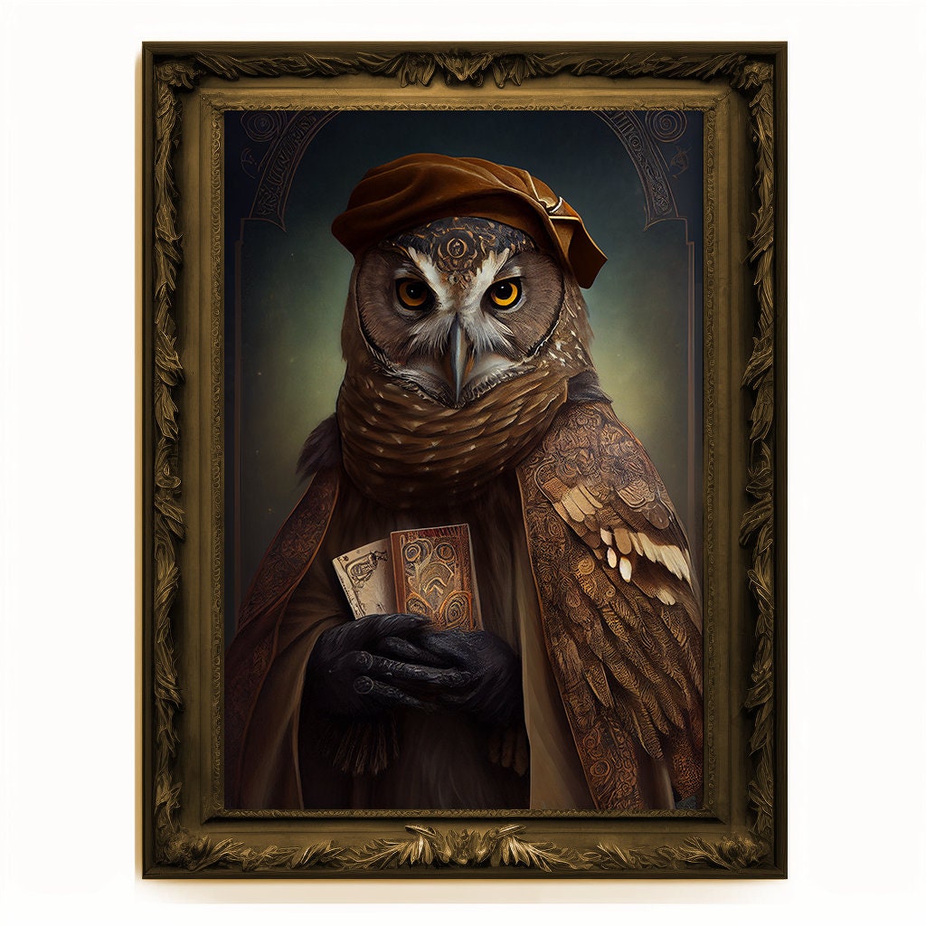 Prophet Owl, Fortune Teller Owl Portrait, Owl Poster, Animal Painting, Altered Art, Magic Owl, Regal Vintage Art, Unique Prints, Wizard Gift