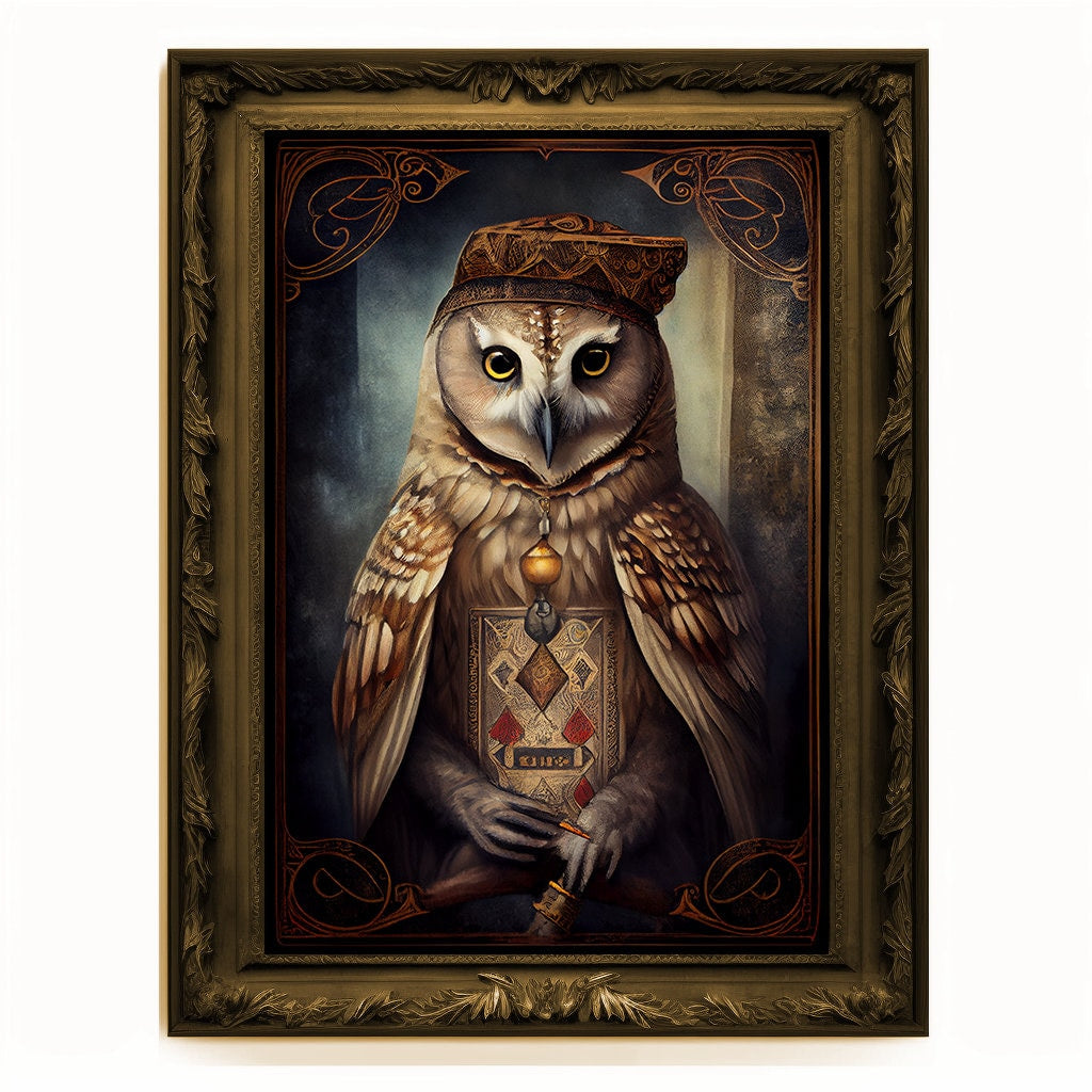 Prophet Owl, Fortune Teller Owl Portrait, Owl Poster, Animal Painting, Altered Art, Magic Owl, Regal Vintage Art, Unique Prints, Wizard Gift