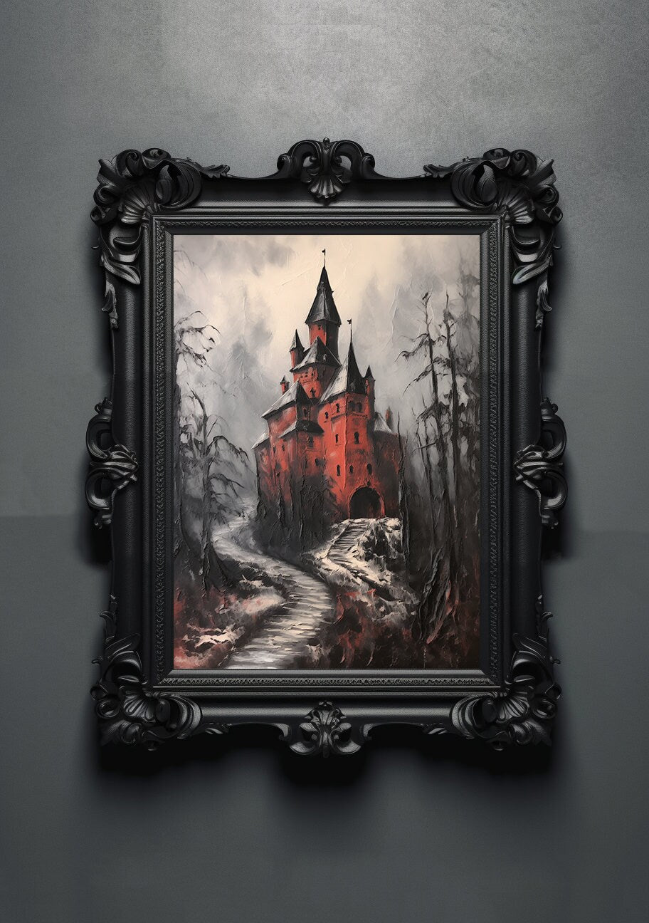 Red Black. Gothic Prints. Oil Painting. Dracula's Castle Poster. Demonic Palace. Spooky Gifts. Gothic Home Decor. Gothic Art. Witchy Gifts.