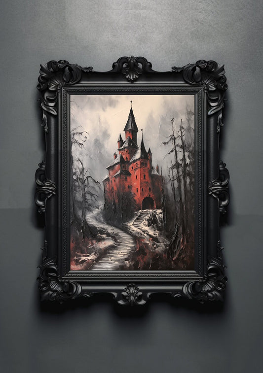 Red Black. Gothic Prints. Oil Painting. Dracula's Castle Poster. Demonic Palace. Spooky Gifts. Gothic Home Decor. Gothic Art. Witchy Gifts.