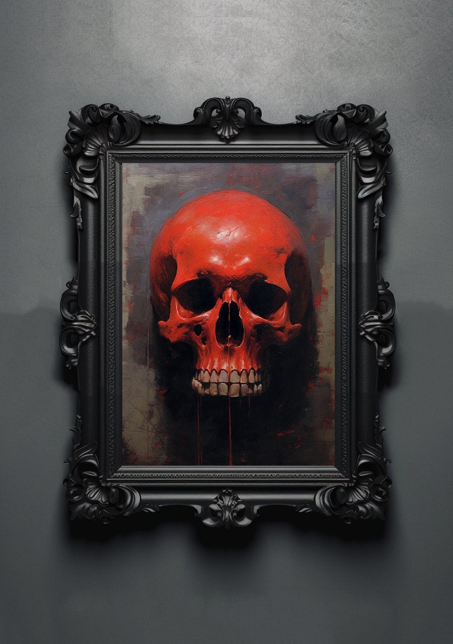 Black Red Skull. Gothic Prints. Oil Painting. Skull Poster. Demonic Palace. Spooky Gifts. Gothic Home Decor. Gothic Art. Witchy Gifts.