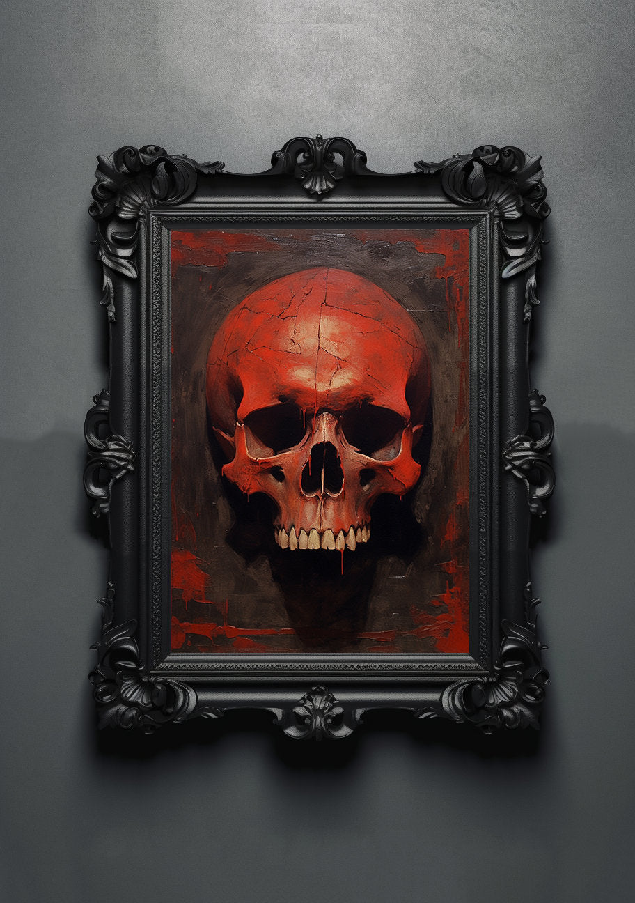 Black Red Skull. Gothic Prints. Oil Painting. Skull Poster. Demonic Palace. Spooky Gifts. Gothic Home Decor. Gothic Art. Witchy Gifts.