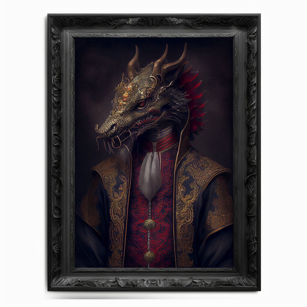 Original Wall Art Print / Dragon Painting / Art Gift / Gothic Decor Gift / Chinese Art / Oil Painting / Altered Art / Animal Portrait Gift