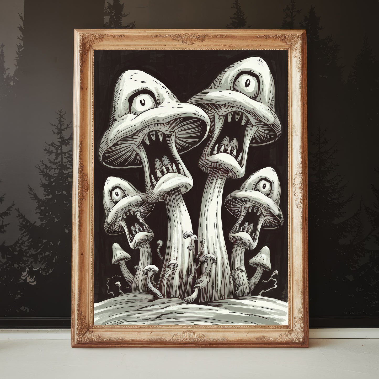"The Enchanted Shrieking Mushrooms" – Surreal Forest Mushroom Art Print