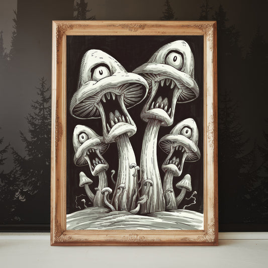 "The Enchanted Shrieking Mushrooms" – Surreal Forest Mushroom Art Print