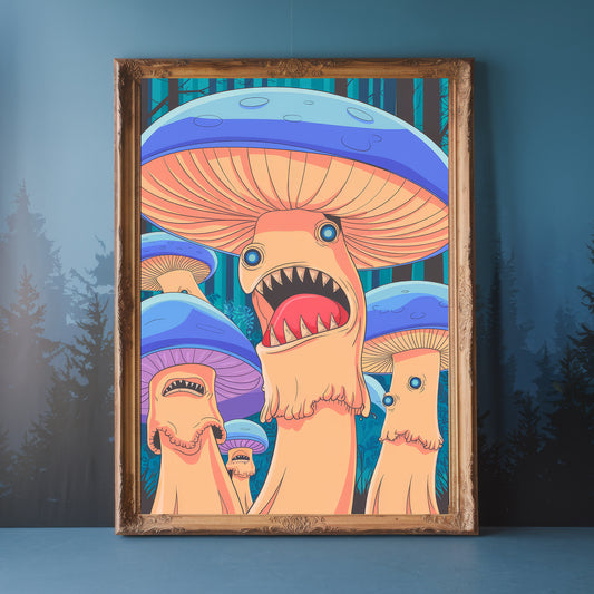 "Enchanted Terror" – Screaming Blue Shroom Mushroom Horror Art Print