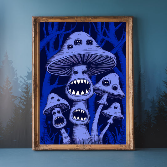 "The Screeching Spores" – Bioluminescent Blue Nightmare Mushroom Print