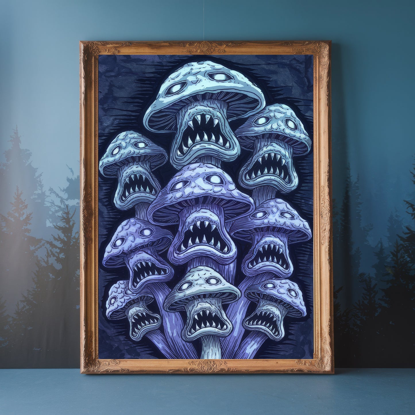 "Shriek of the Mycelium Horde" – Cosmic Blue Horror Mushroom Art Print