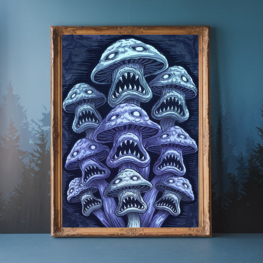 "Shriek of the Mycelium Horde" – Cosmic Blue Horror Mushroom Art Print