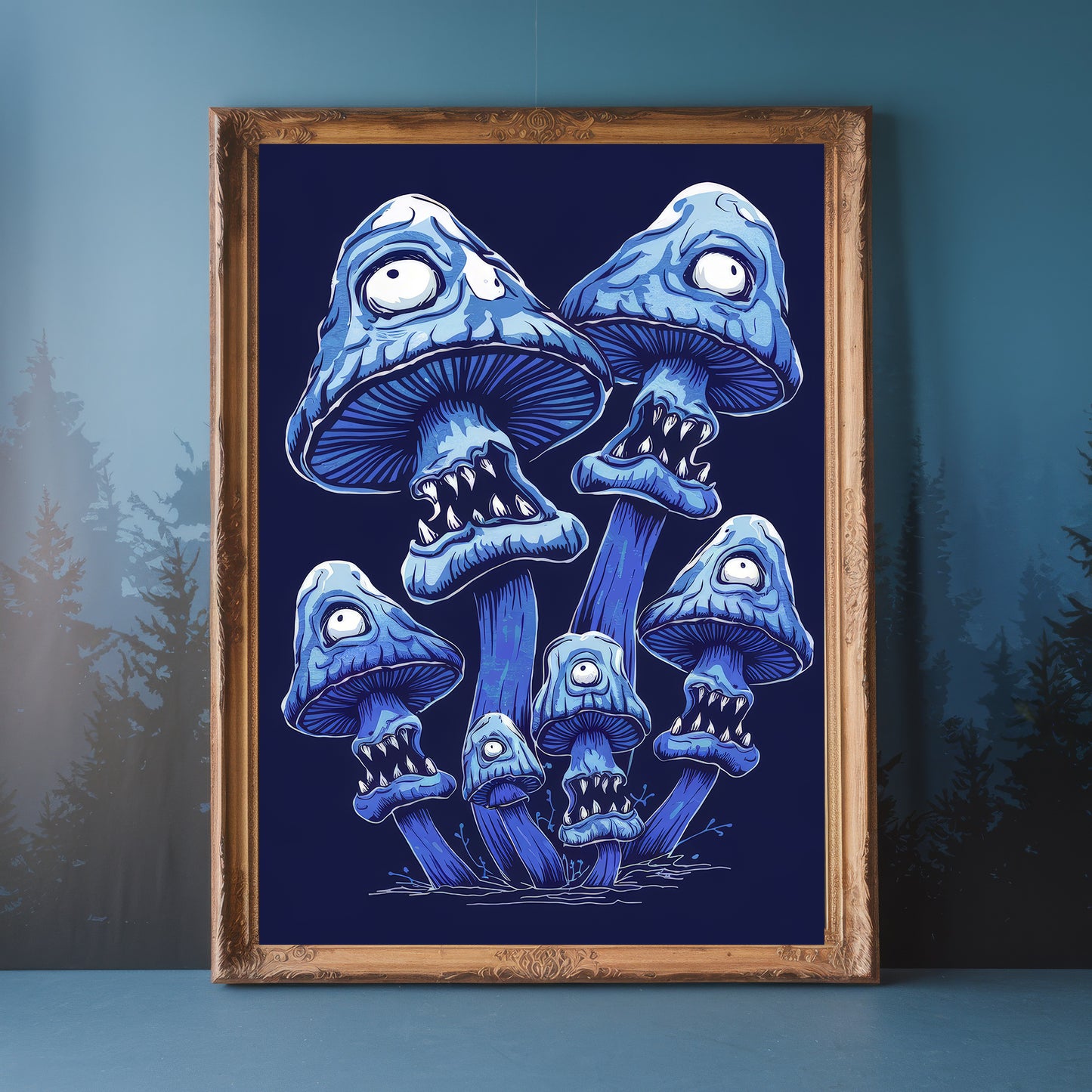 "The Screaming Grove" – Sinister Blue Mushroom Horror Art Print