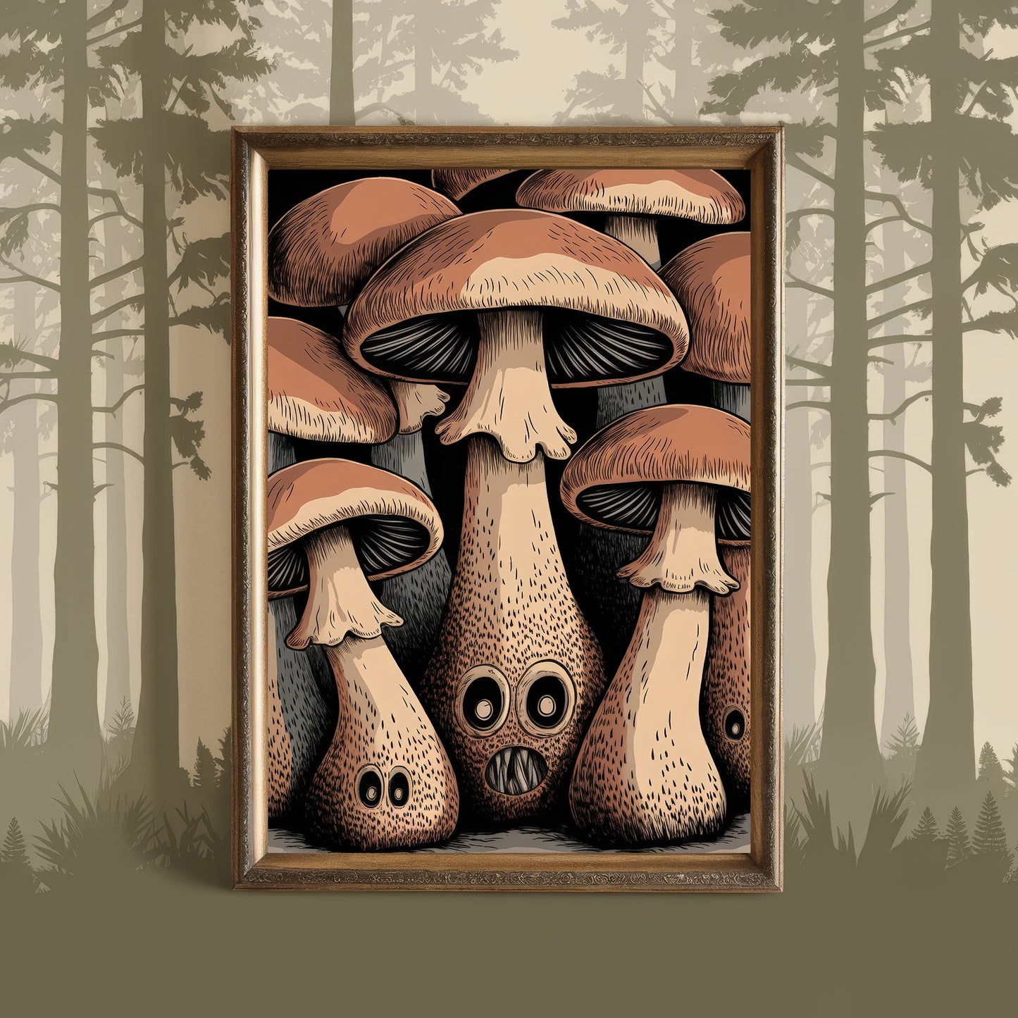 "The Whispering Caps" – Brown Surreal Mushroom Art Print