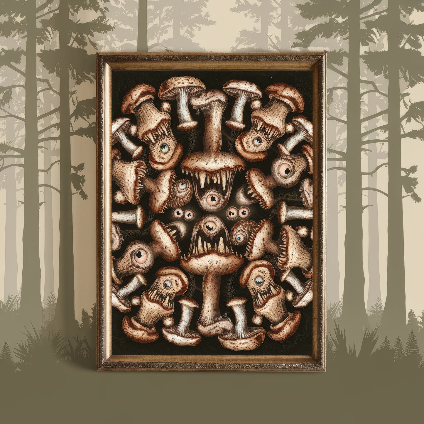 "The Mushroom Abyss" – Brown Unsettling Surreal Horror Mushroom Art Print