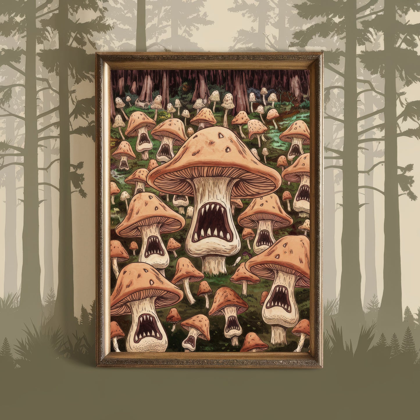 "The Screaming Spores" – Brown Horror Mushroom Art Print