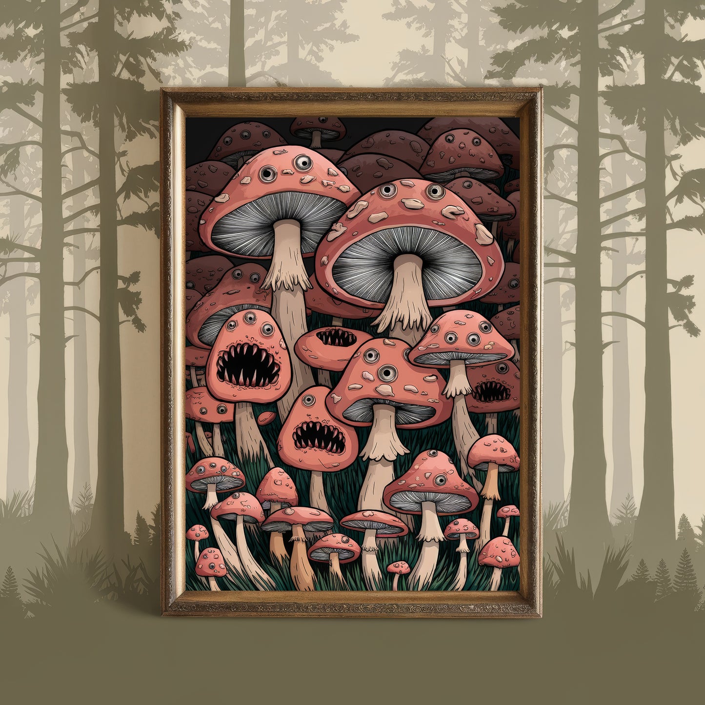 "The Mushroom Monstrosity" – Gothic Brown Horror Mushroom Art Print