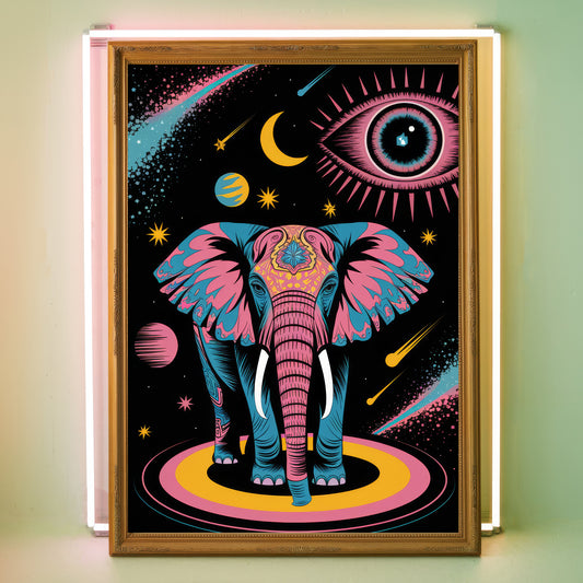 Funky Elephant 8 Wall Art Poster Print With Cosmic Background