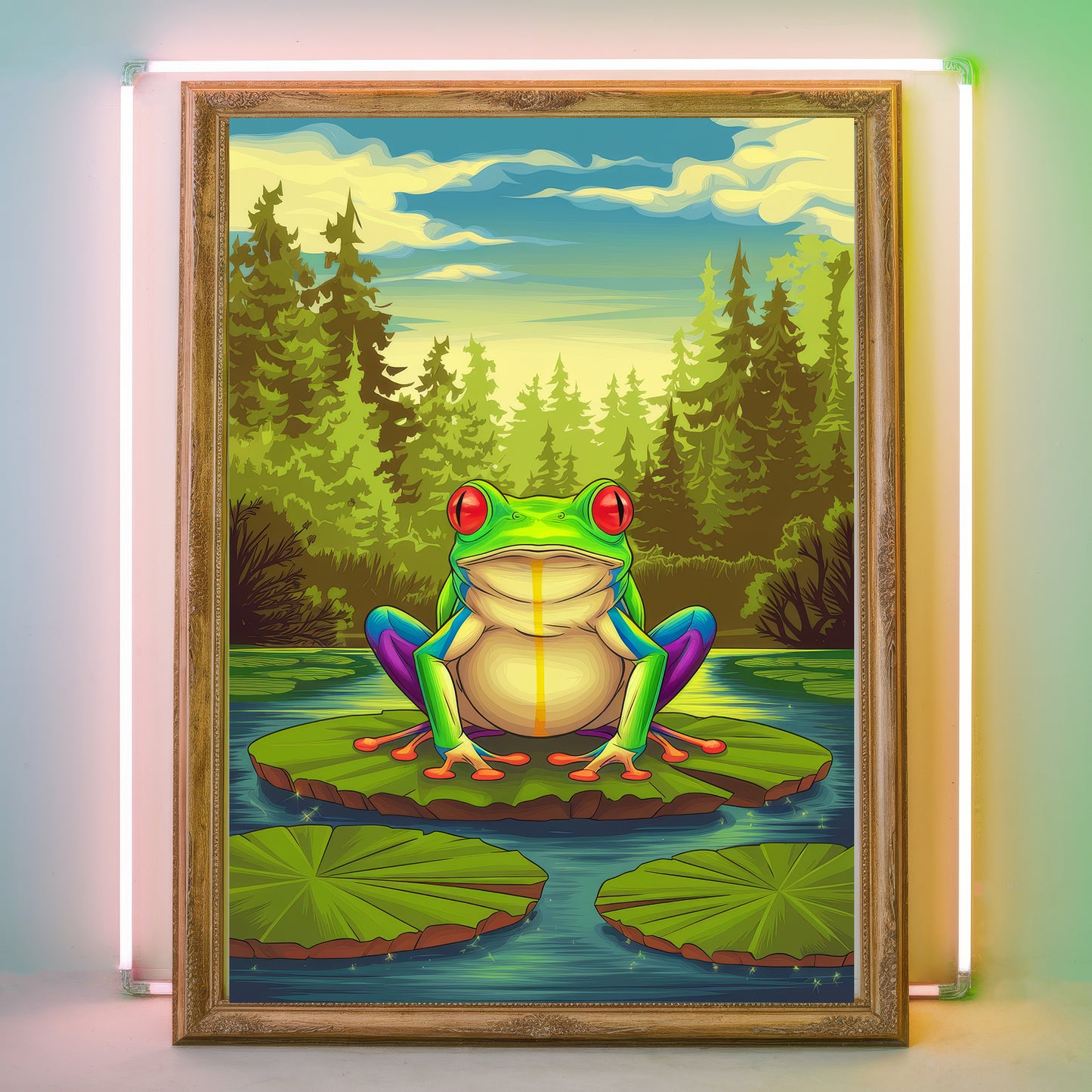 Funky Frog 2 Wall Art Poster Print Sitting On A Lily Pad