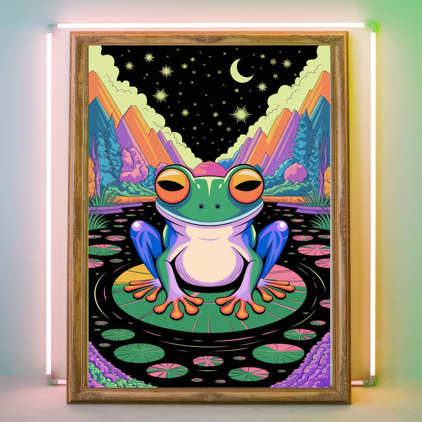 Funky Frog 3 Wall Art Poster Print Sitting On A Lily Pad
