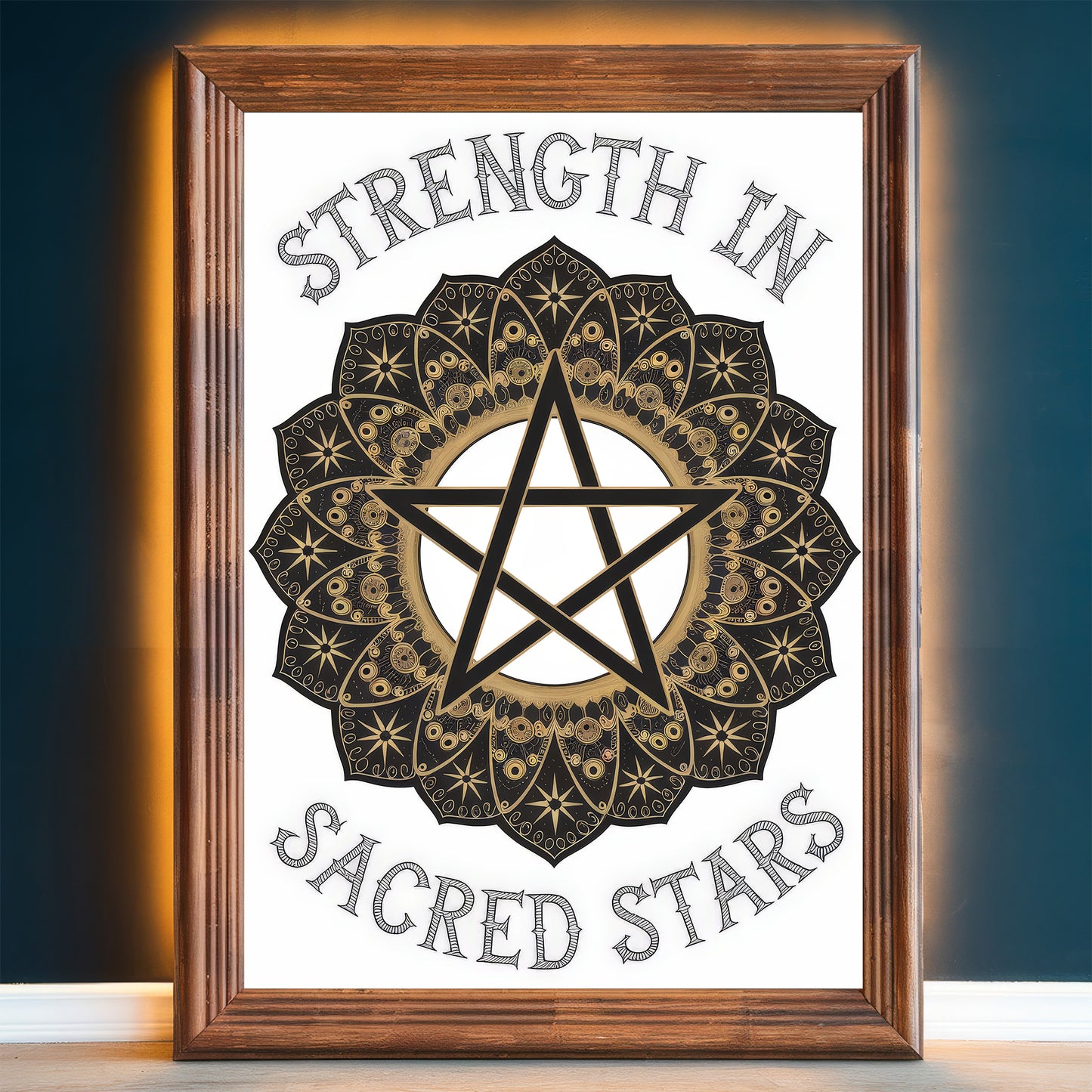 Pentagram Mandala 1 Wall Art Poster Print With Circled Affirmation Text "Strength In Sacred Stars."