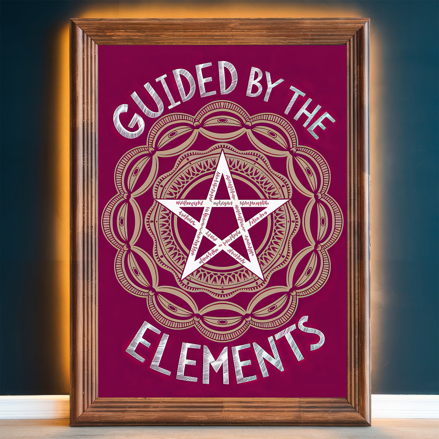 Pentagram Mandala 3 Wall Art Poster Print With Circled Affirmation Text "Guided By The Elements."