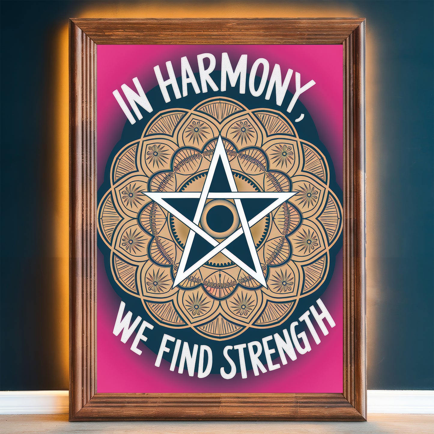 Pentagram Mandala 7 Wall Art Poster Print With Circled Affirmation Text "In Harmony, We Find Strength."