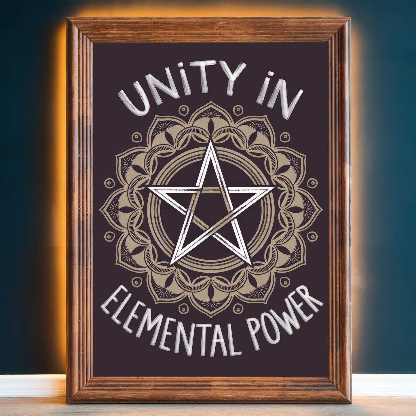 Pentagram Mandala 9 Wall Art Poster Print With Circled Affirmation Text "Unity In Elemental Power."