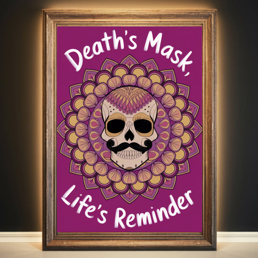 Skull Mandala 3 Wall Art Poster Print With Circled Affirmation Text "Death's Mask, Life's Reminder."