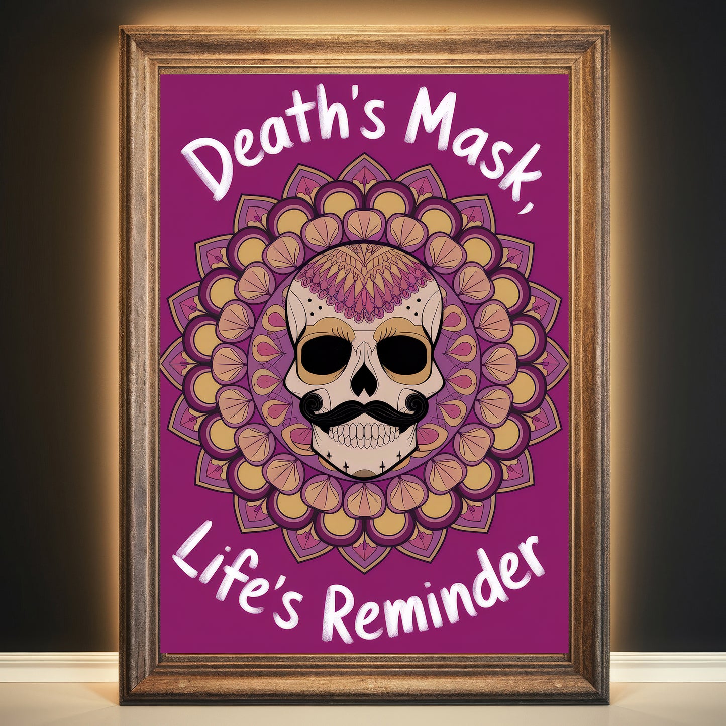 Skull Mandala 3 Wall Art Poster Print With Circled Affirmation Text "Death's Mask, Life's Reminder."