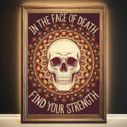 Skull Mandala 7 Wall Art Poster Print With Circled Affirmation Text "In The Face Of Death, Find Your Strength."