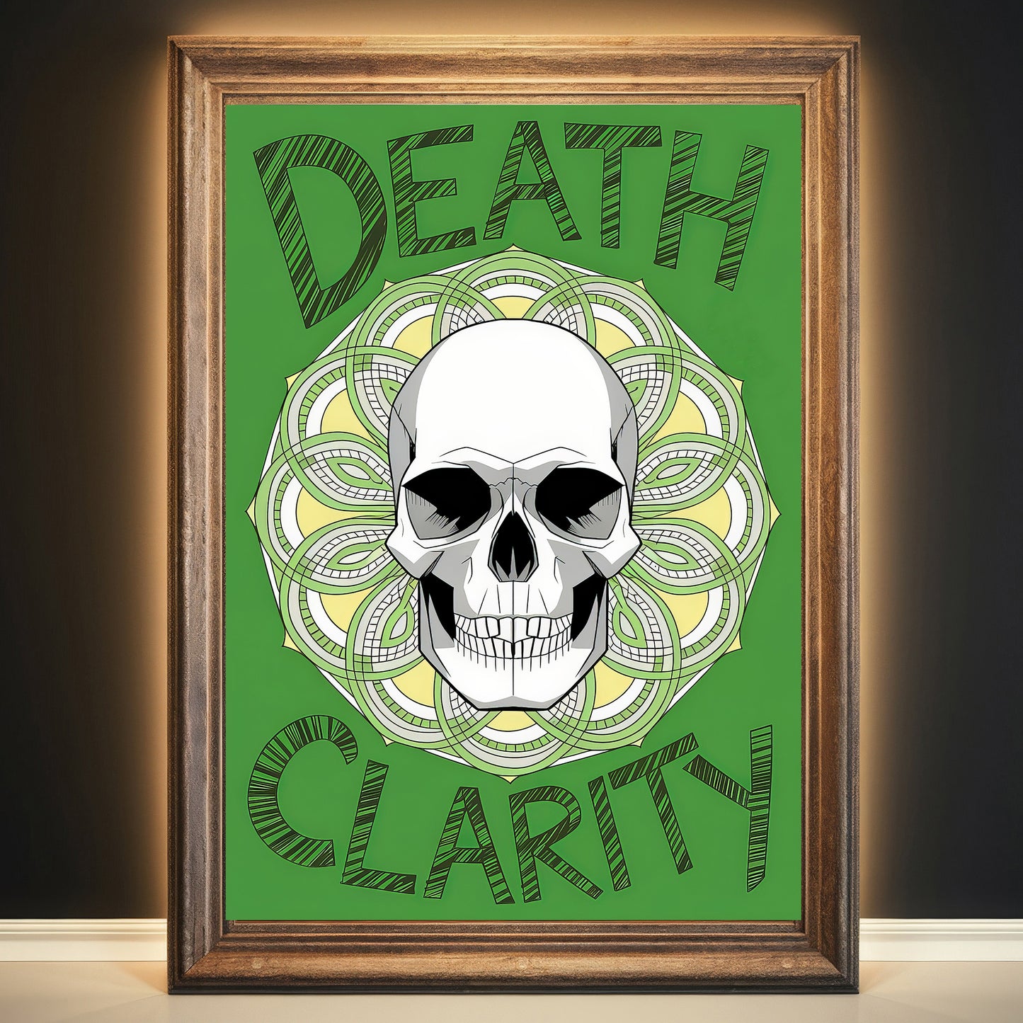 Skull Mandala 8 Wall Art Poster Print With Circled Affirmation Text "Death Clarity."
