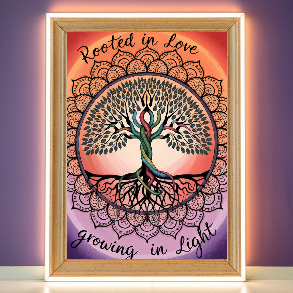 Tree Of Life Mandala 1 Wall Art Poster Print With Circled Affirmation Text "Rooted In Love Growing In Light."