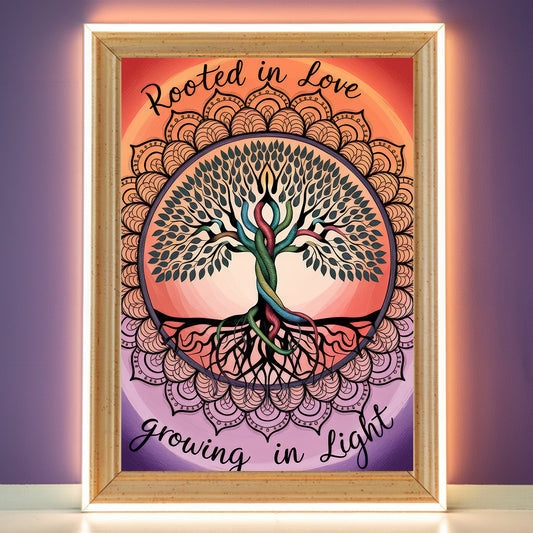 Tree Of Life Mandala 1 Wall Art Poster Print With Circled Affirmation Text "Rooted In Love Growing In Light."