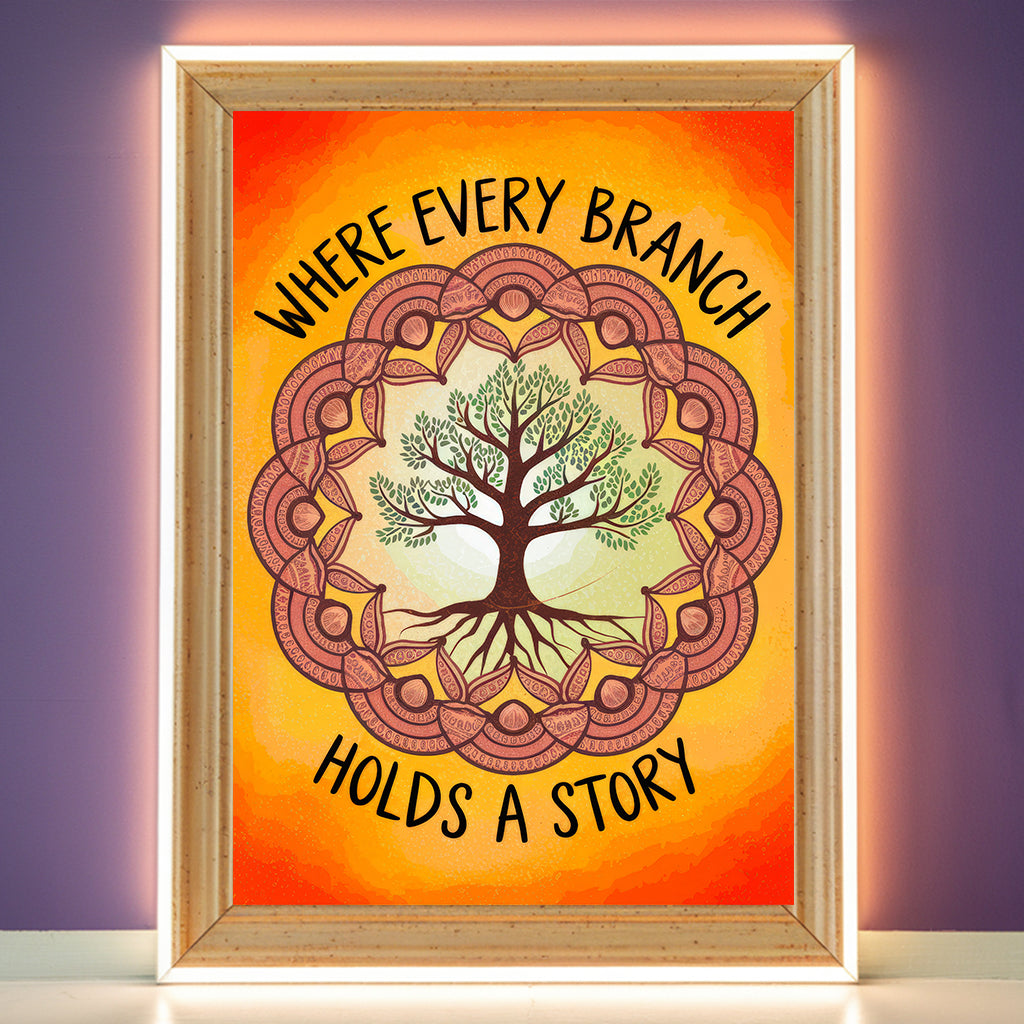 Tree Of Life Mandala 5 Wall Art Poster Print With Circled Affirmation Text "Where Every Branch Holds A Story."