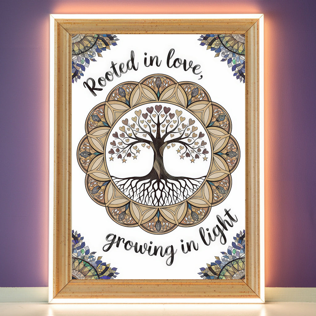 Tree Of Life Mandala 6 Wall Art Poster Print With Circled Affirmation Text "Rooted In Love, Growing In Light."