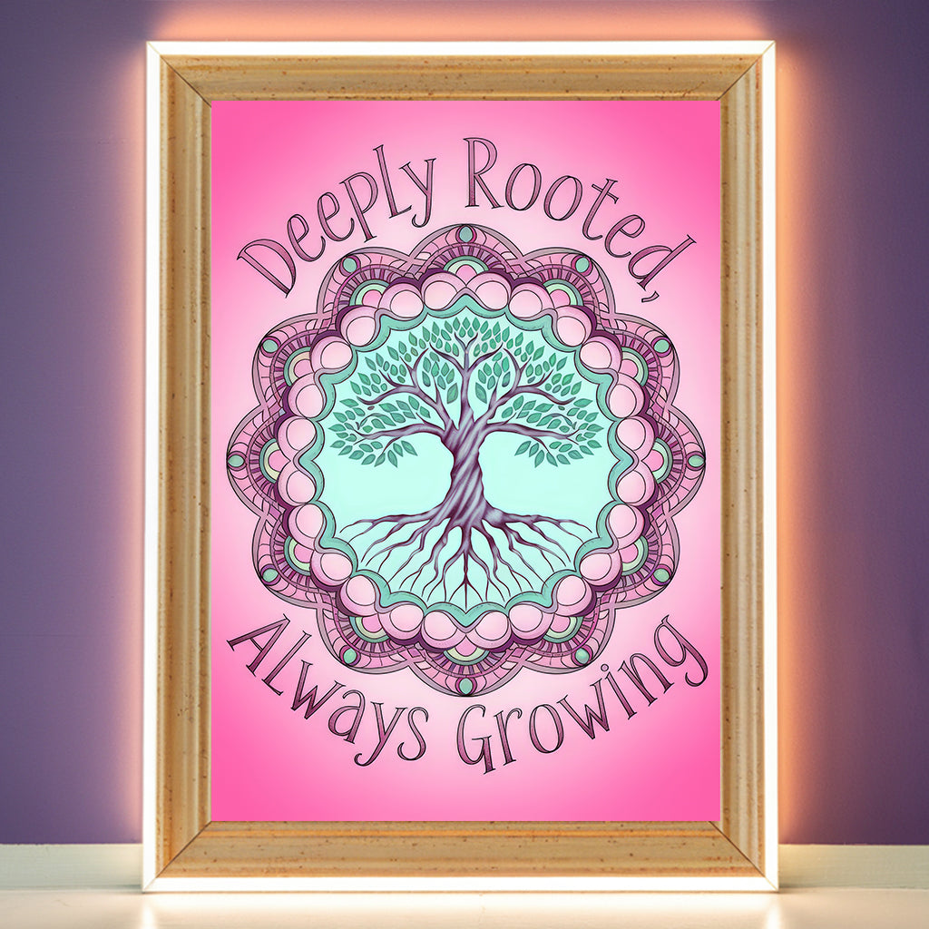 Tree Of Life Mandala 8 Wall Art Poster Print With Circled Affirmation Text "Deeply Rooted, Always Growing."