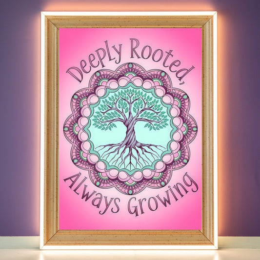 Tree Of Life Mandala 8 Wall Art Poster Print With Circled Affirmation Text "Deeply Rooted, Always Growing."