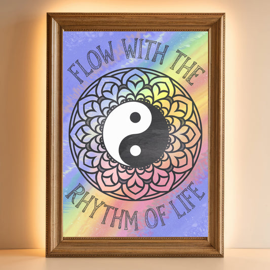 Yin Yang Mandala 1 Wall Art Poster Print With Circled Affirmation Text "Flow With The Rhythm Of Life."
