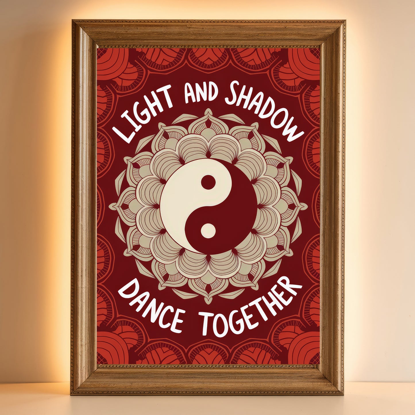 Yin Yang Mandala 2 Wall Art Poster Print With Circled Affirmation Text "Light And Shadow Dance Together."