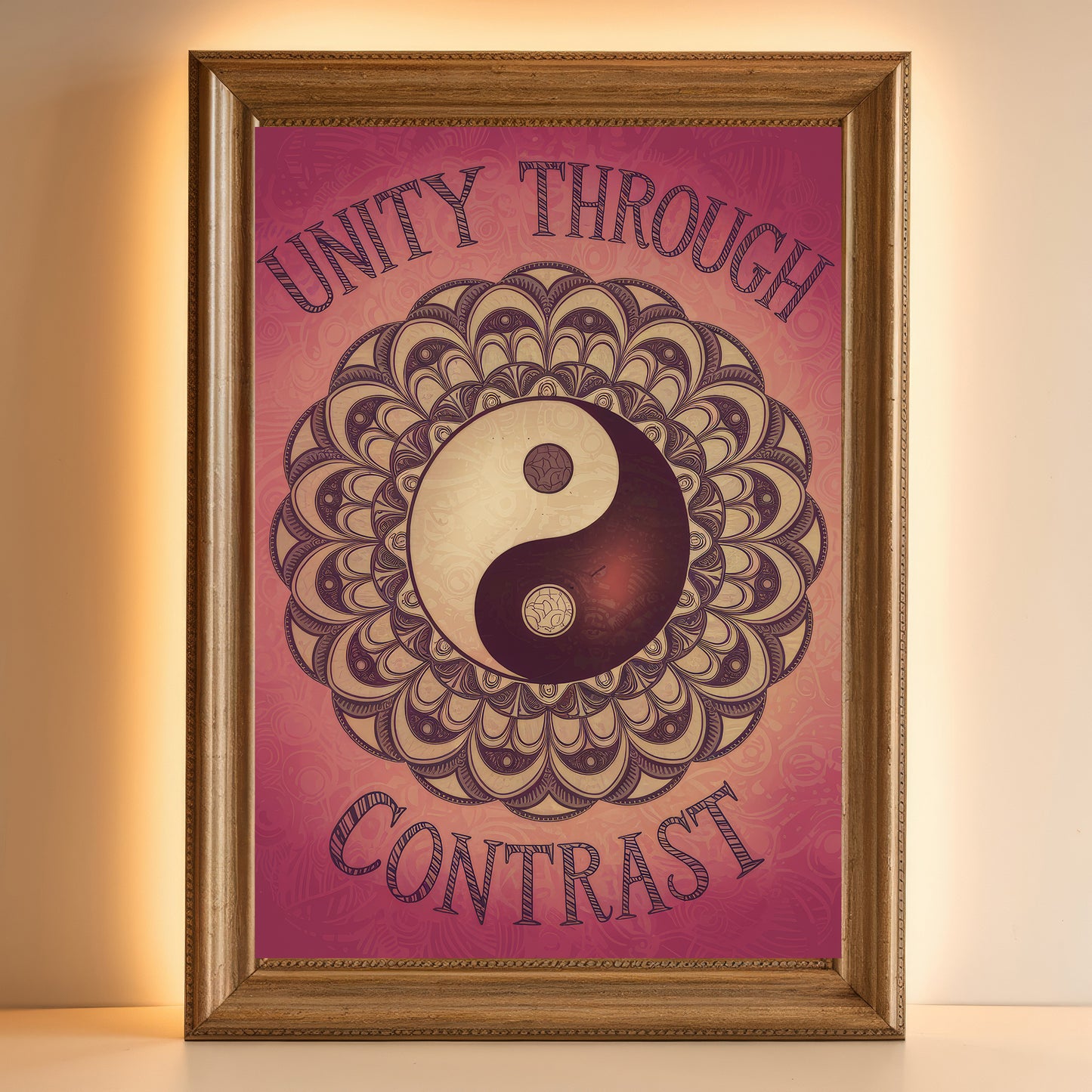 Yin Yang Mandala 8 Wall Art Poster Print With Circled Affirmation Text "Unity Through Contrast."