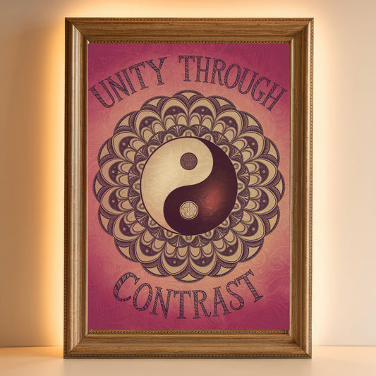 Yin Yang Mandala 8 Wall Art Poster Print With Circled Affirmation Text "Unity Through Contrast."
